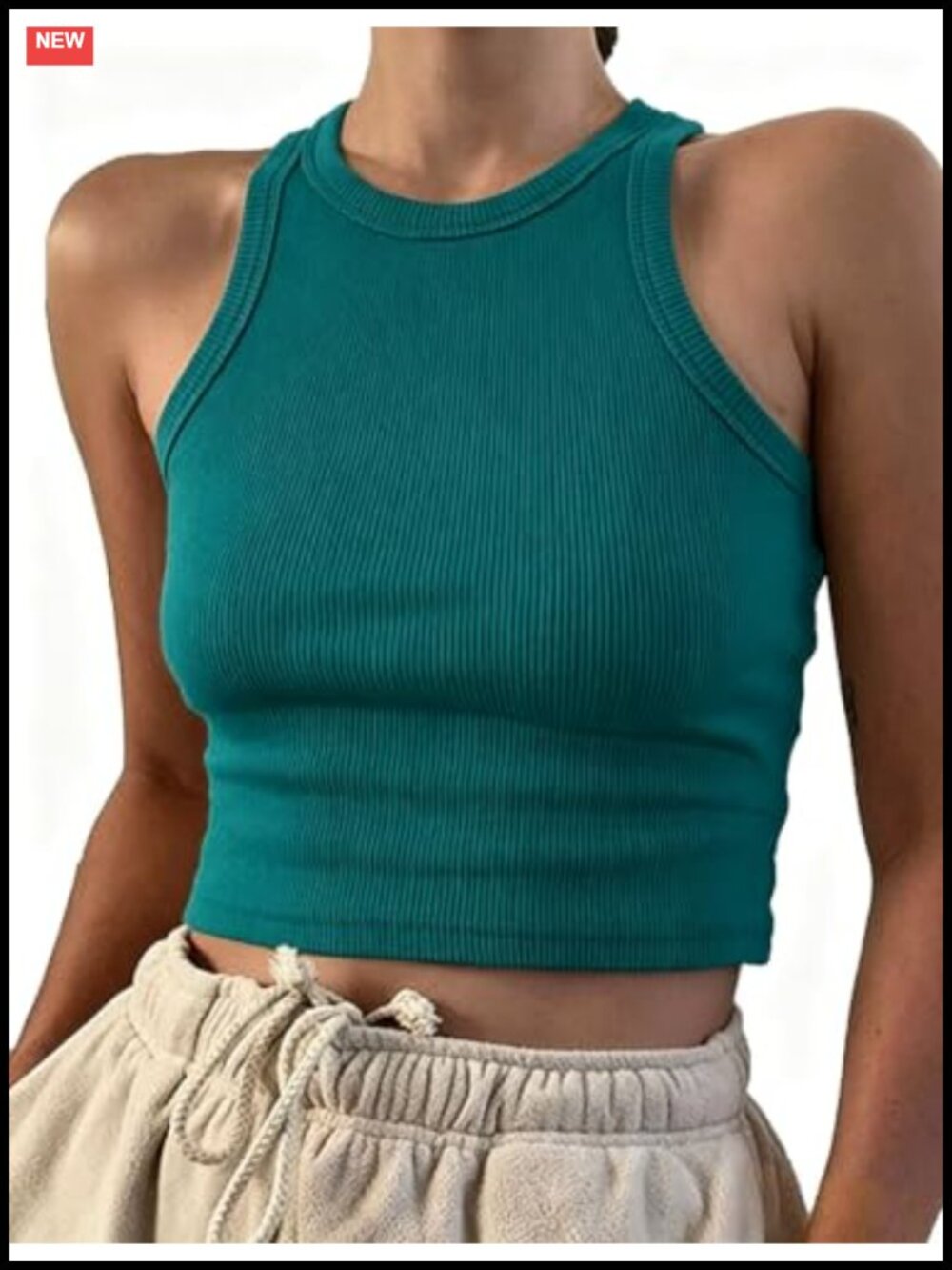 Cotton Cropped Racerback Ribbed Tank Top Crew Neck Sleeveless Crop Top